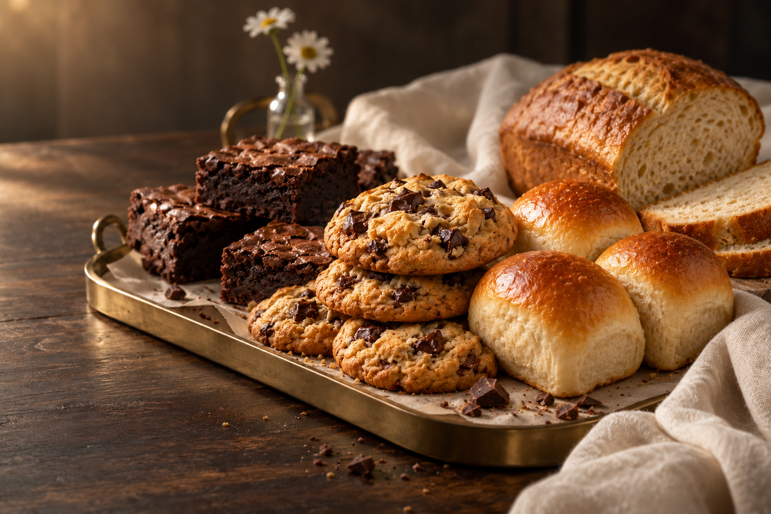 Concept still life of chocolate chip cookies, brownies, golden bread rolls, sliced bread and white daisies on a gold tray